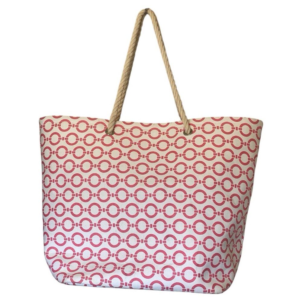 White Pink Tote Canvas Beach Beach Bag 9.5 x 14 x 16 Tan Rope Handles Chain Link
